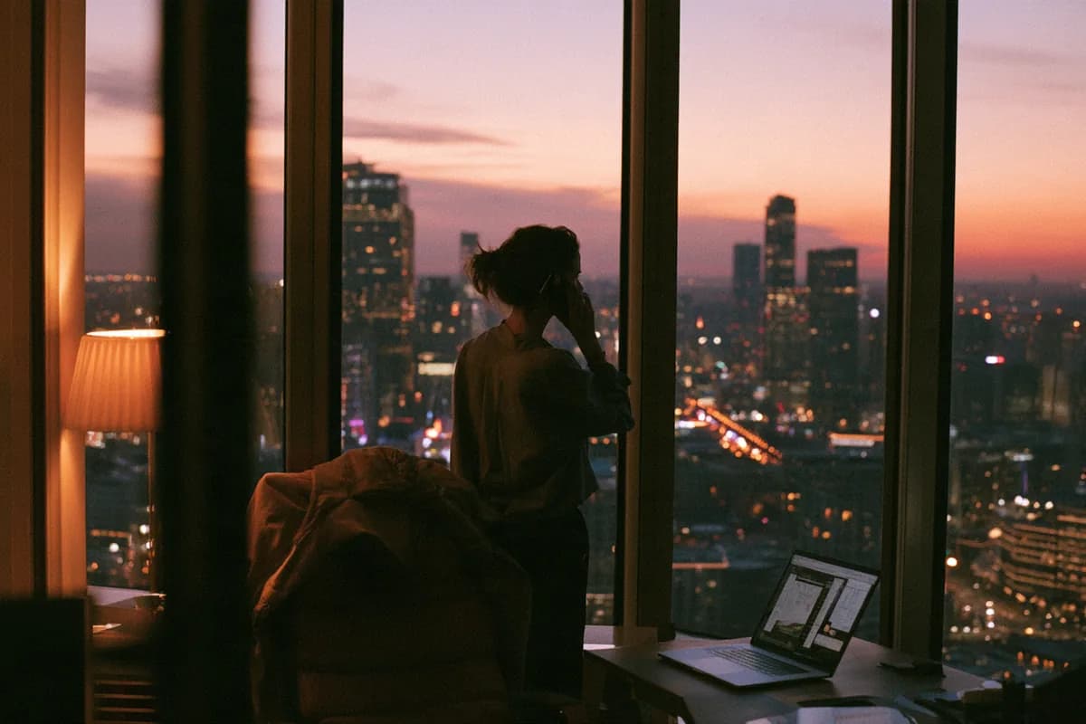 At dusk, a partner on the phone at a tall office window, the laptop open on the desk