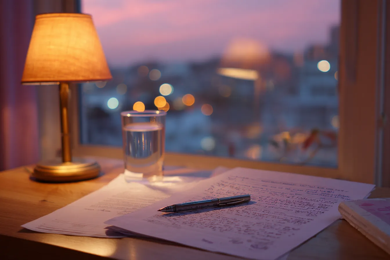 A desk by a window at dusk: a lit lamp, a glass of water, a pen resting on handwritten notes.