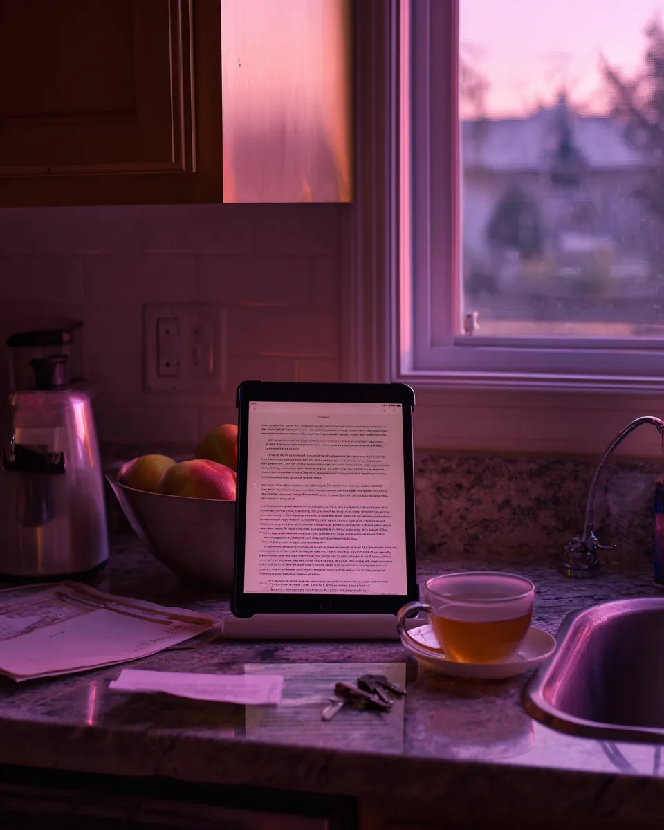 A kitchen counter at dusk: a tablet showing a long document, a cup of tea, keys and mail, the window going lavender.