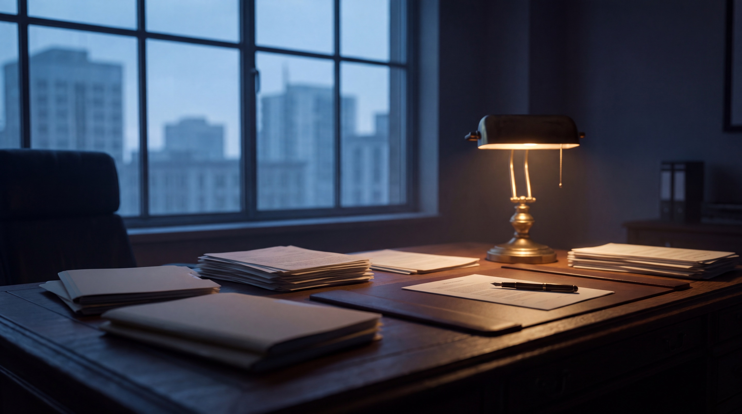 A capital markets desk at pre-dawn, stacked share certificates and deal files under a brass lamp