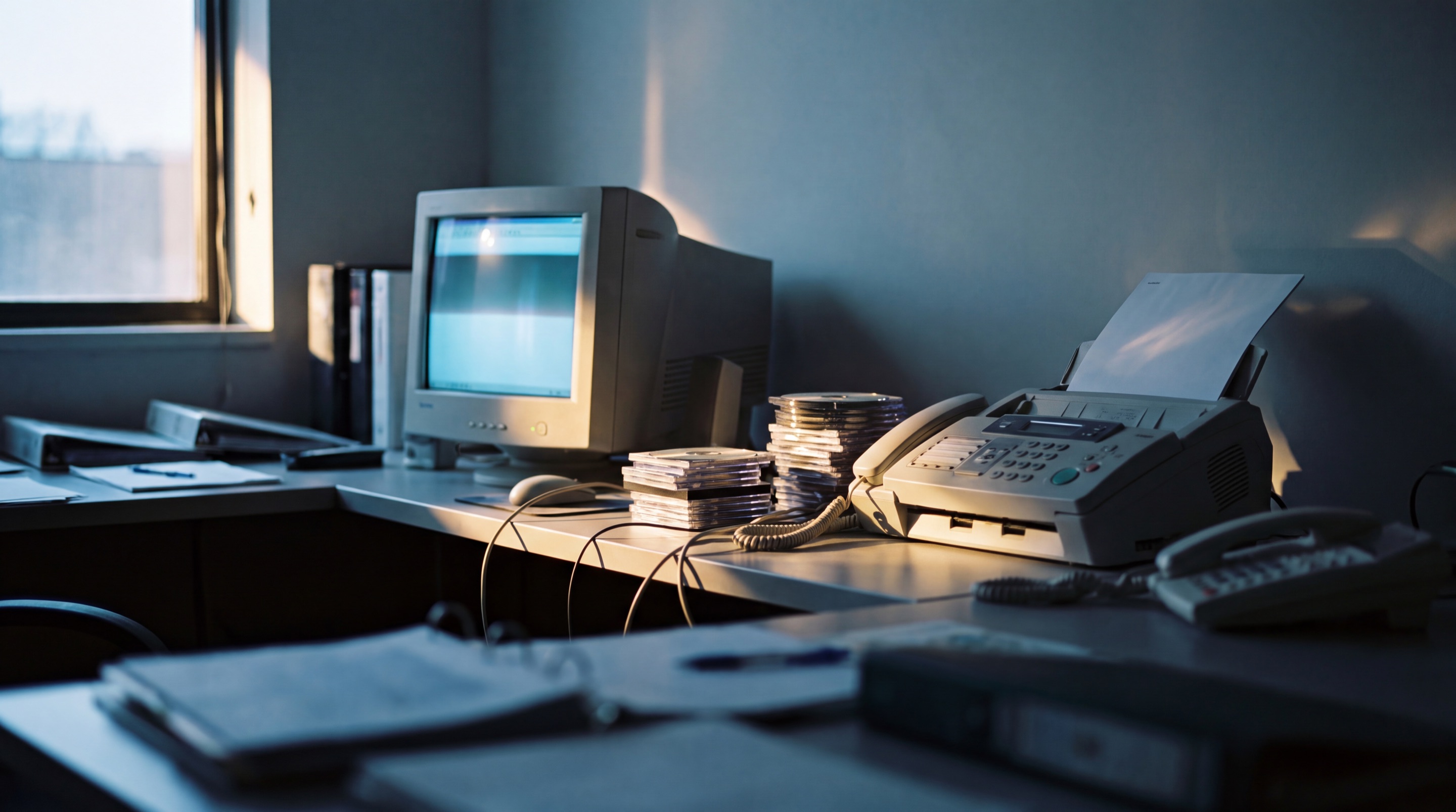An early-2000s deal office at first light, a CRT monitor and fax machine over tidy stacks of disks