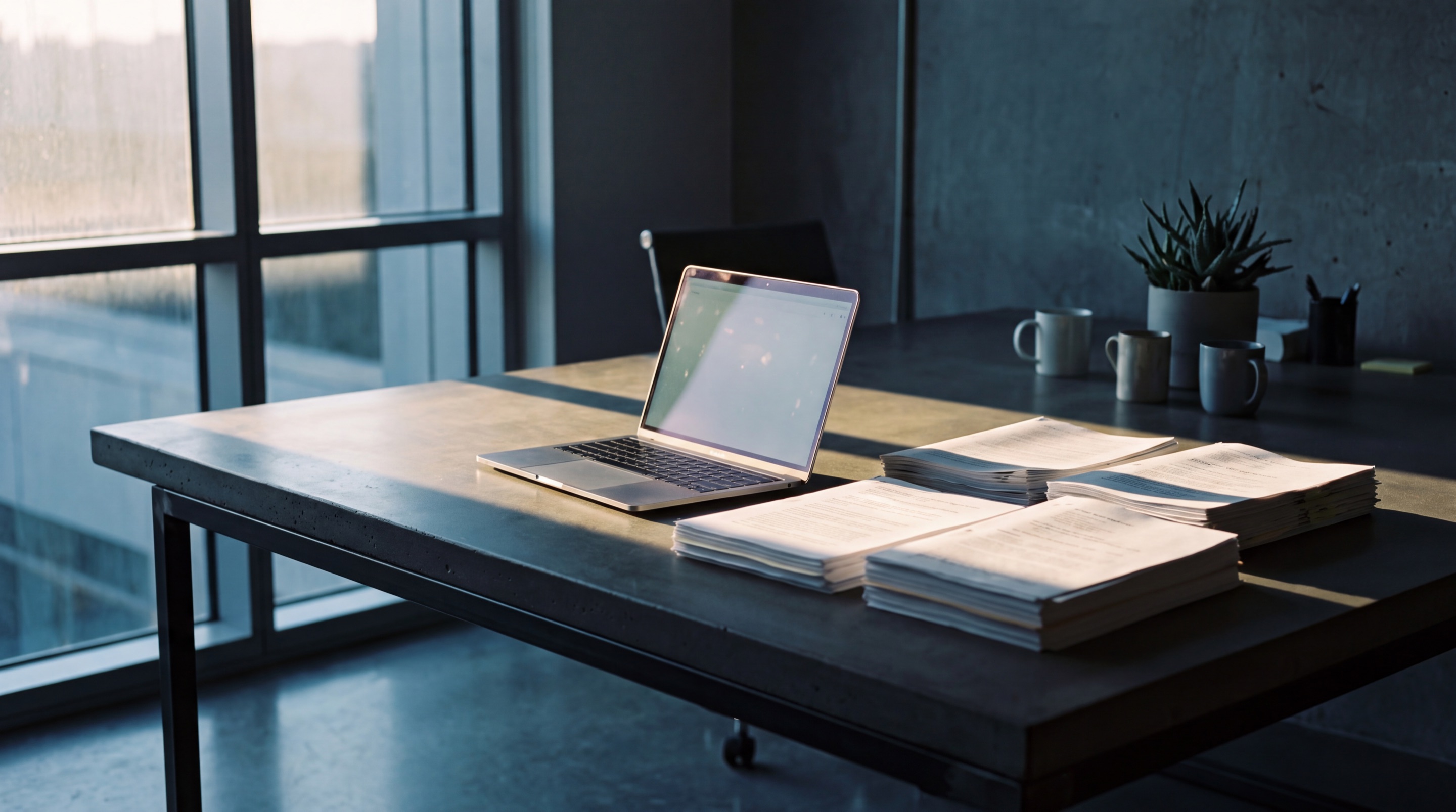 A modern workspace at sunrise, a laptop beside ordered stacks of legal documents cut by morning light