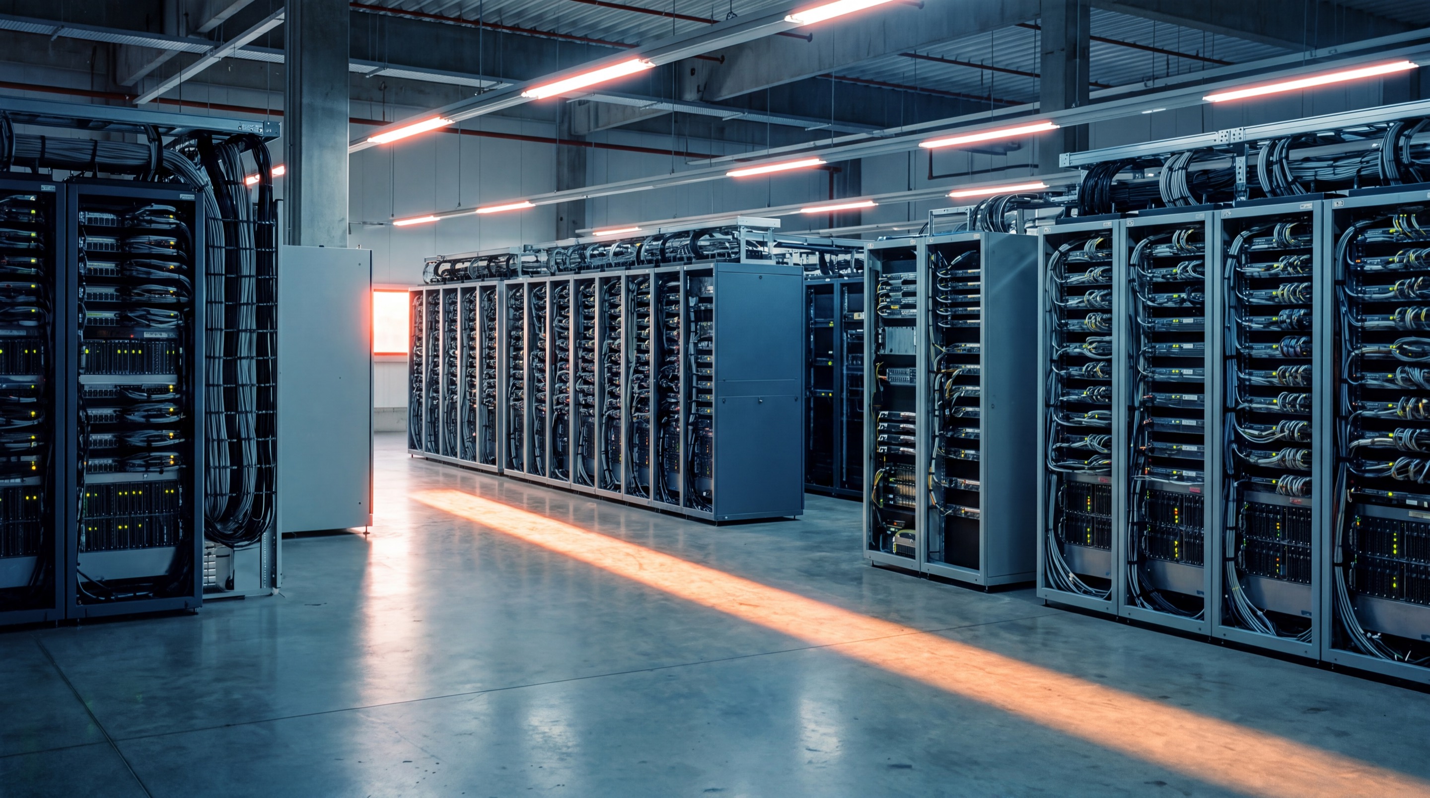A server hall in cool morning light with one warm band of sunrise across the floor